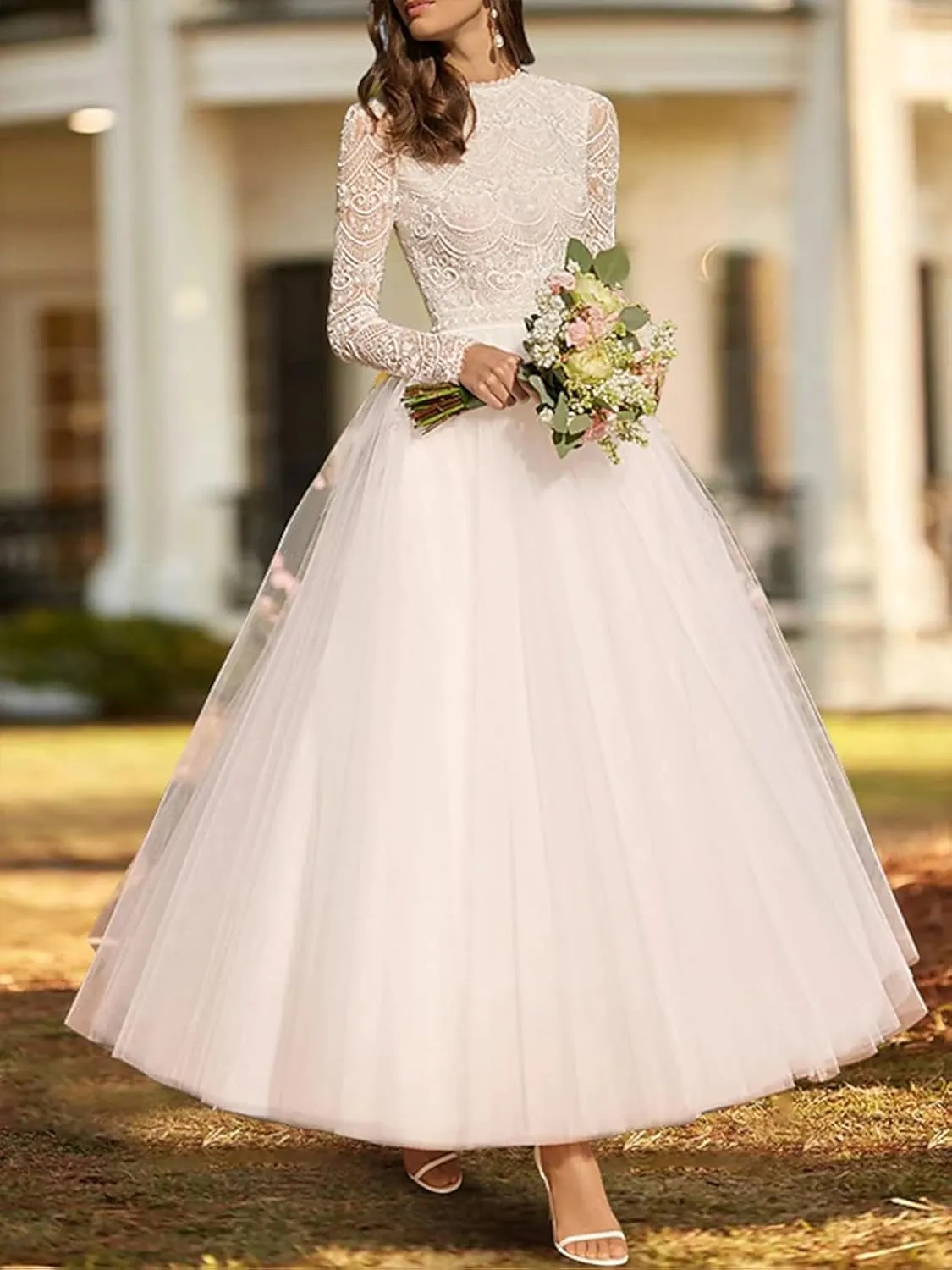 Tulle Lace Wedding Dresses for Bride 2025 Simple Long Sleeve Wedding Gown Tea Length Bridal Shower Dress