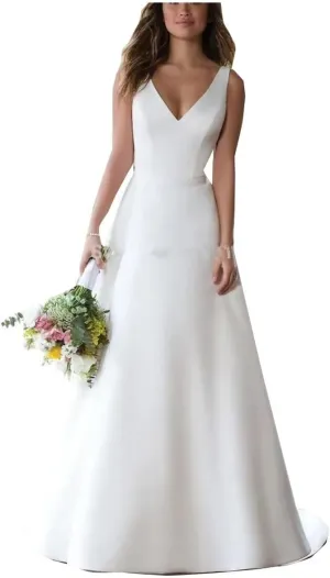 V Neck Simple Wedding Dress for Bride A Line Satin Bridal Gown Plus Size Strapless Evening Dress