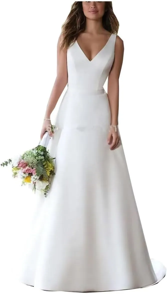 V Neck Simple Wedding Dress for Bride A Line Satin Bridal Gown Plus Size Strapless Evening Dress