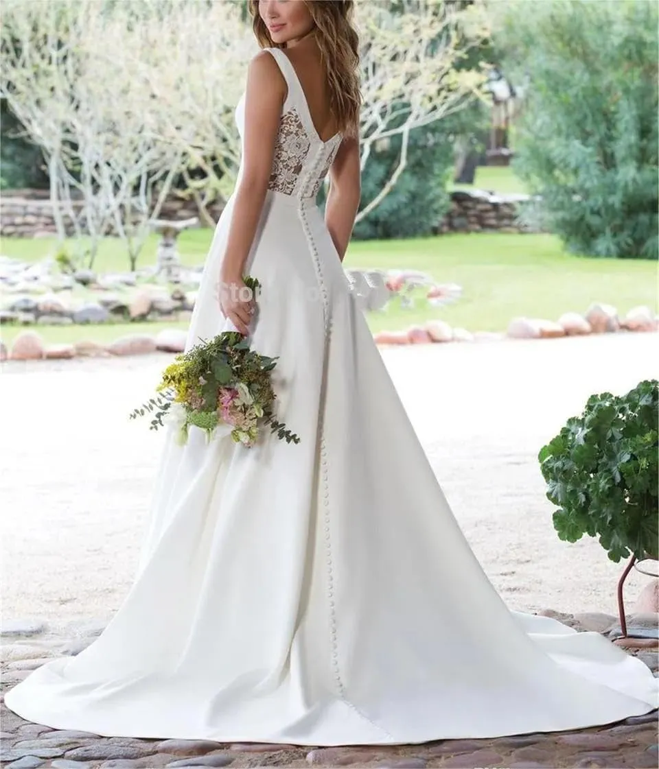 V Neck Simple Wedding Dress for Bride A Line Satin Bridal Gown Plus Size Strapless Evening Dress