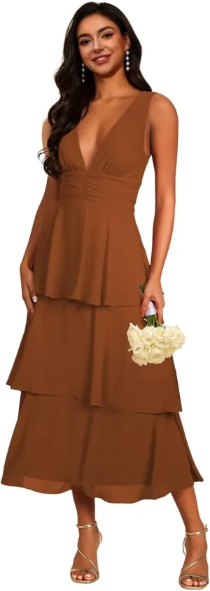 V Neck Tiered Chiffon Bridesmaid Dresses Tea Length 2025 Ruffle Formal Evening Dresses VS177