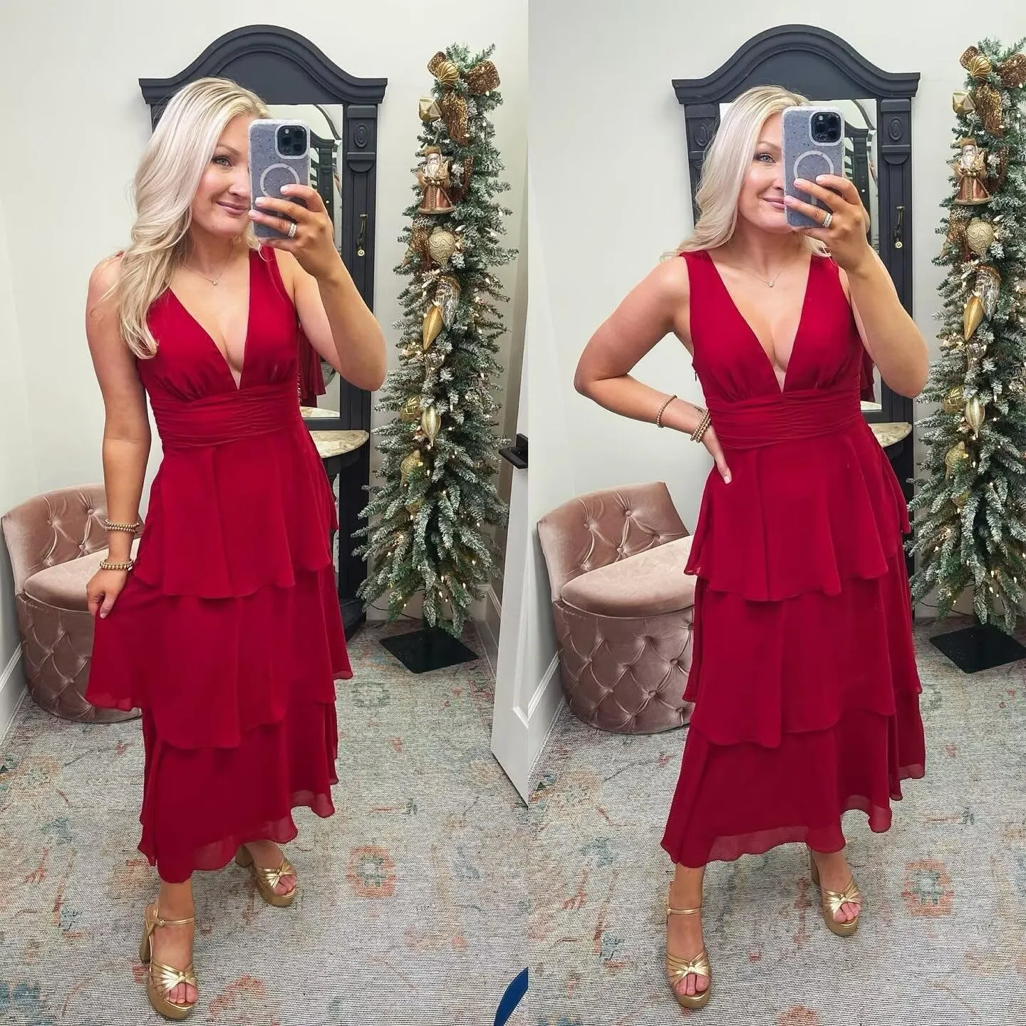 V Neck Tiered Chiffon Bridesmaid Dresses Tea Length 2025 Ruffle Formal Evening Dresses VS177