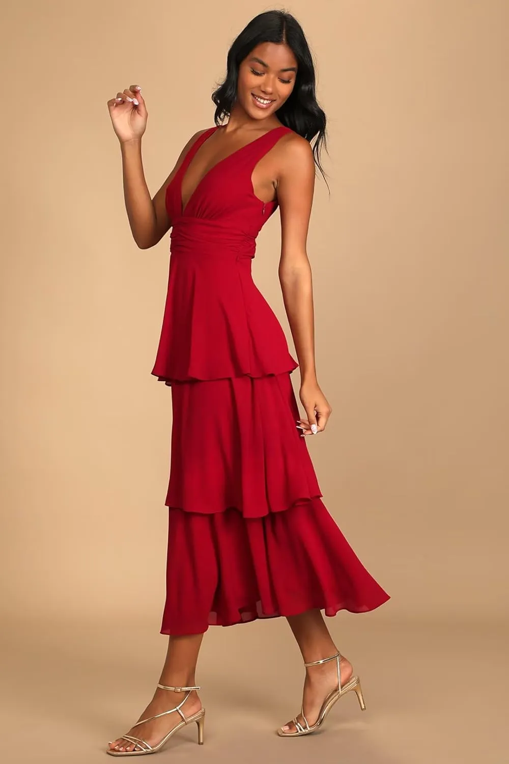 V Neck Tiered Chiffon Bridesmaid Dresses Tea Length 2025 Ruffle Formal Evening Dresses VS177