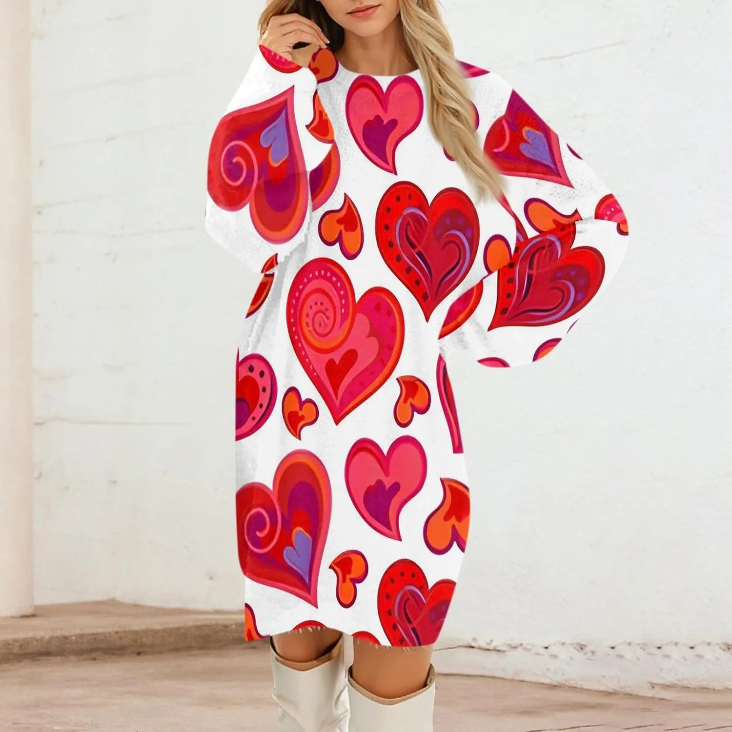 Valentines Day Dress for Women Round Neck Casual Long Sleeve Plush Plaid Dresses