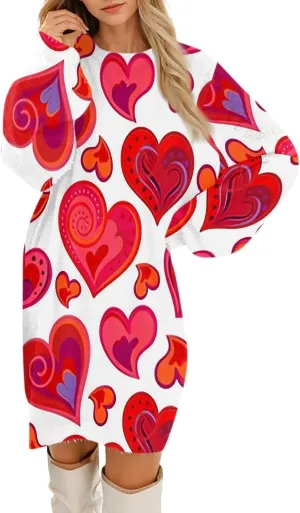 Valentines Day Dress for Women Round Neck Casual Long Sleeve Plush Plaid Dresses