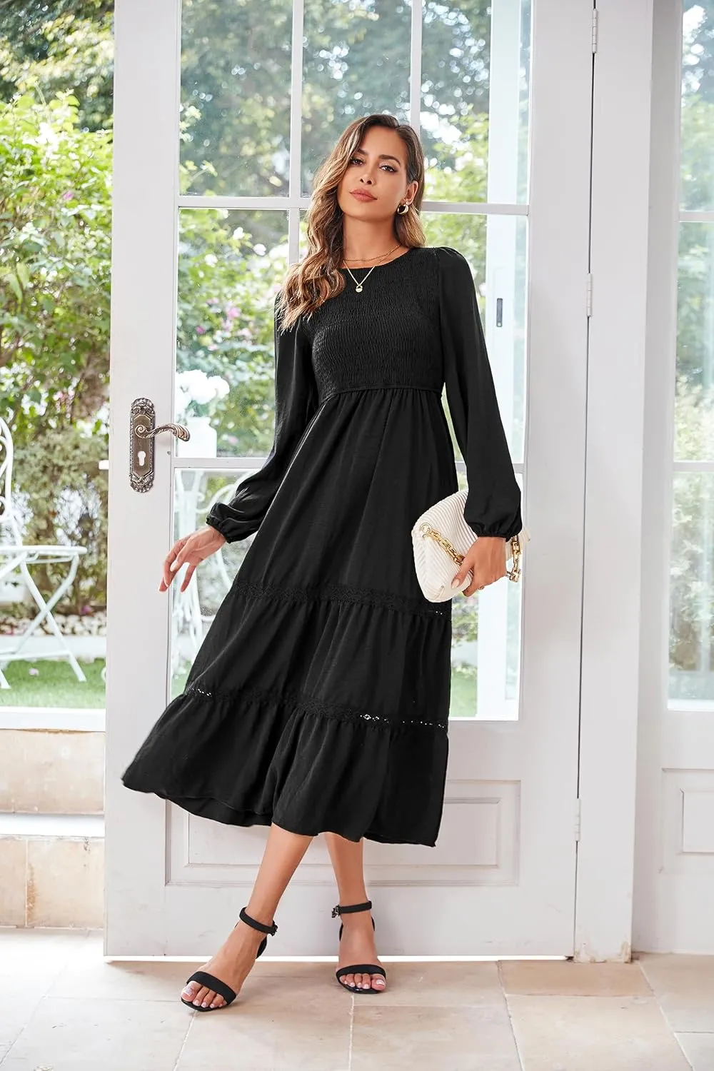 VintageClothing Women's Fall Midi Dress Long Sleeve Casual Crew Neck High Waist Smocked Long Dress with Pockets