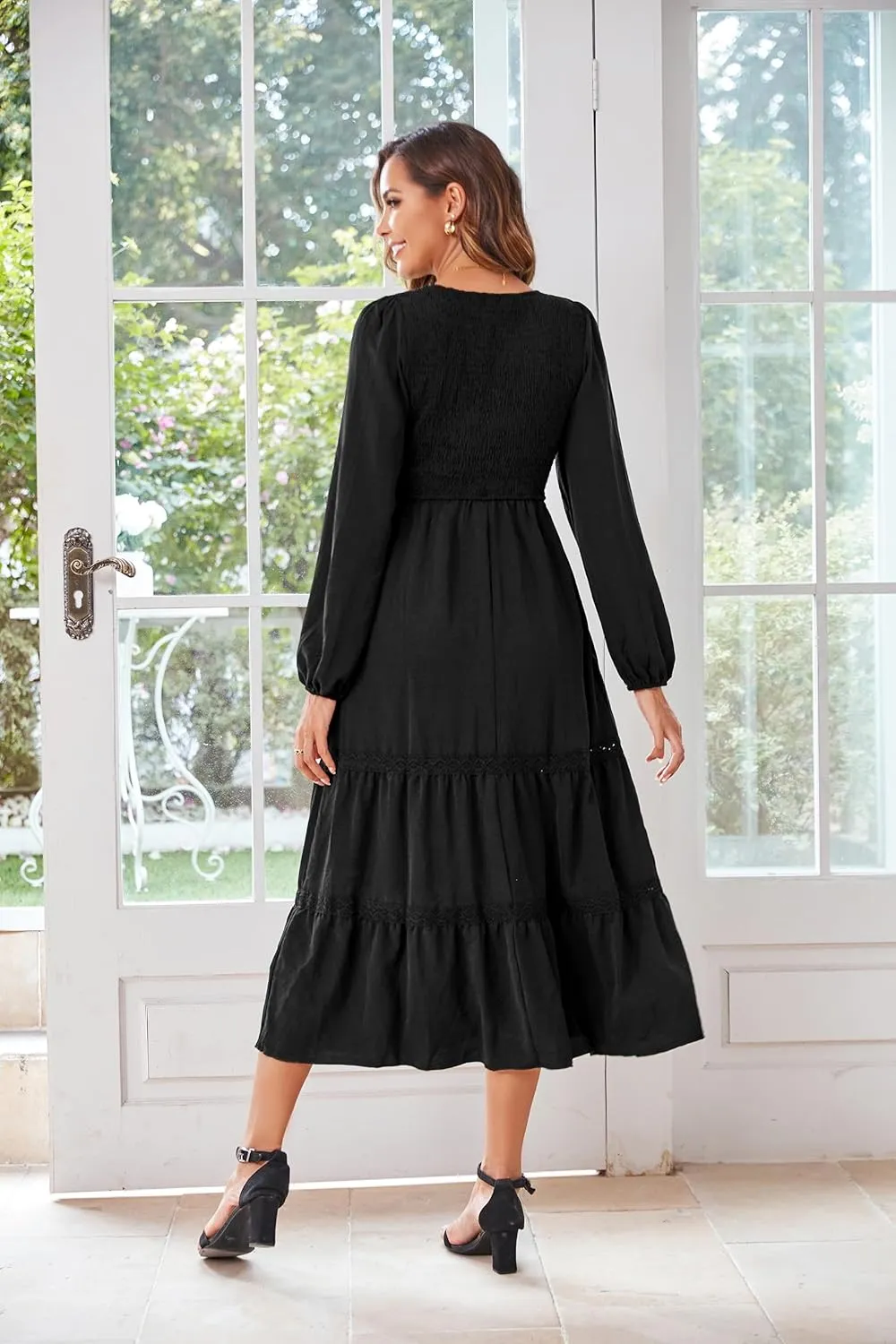 VintageClothing Women's Fall Midi Dress Long Sleeve Casual Crew Neck High Waist Smocked Long Dress with Pockets