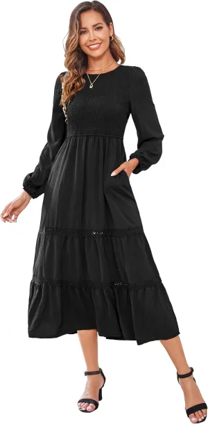 VintageClothing Women's Fall Midi Dress Long Sleeve Casual Crew Neck High Waist Smocked Long Dress with Pockets