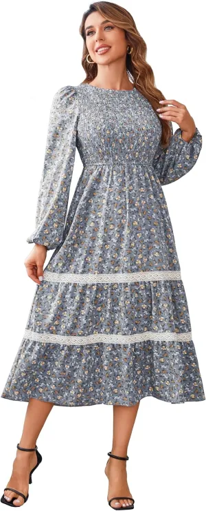 VintageClothing Women's Fall Midi Dress Long Sleeve Casual Crew Neck High Waist Smocked Long Dress with Pockets