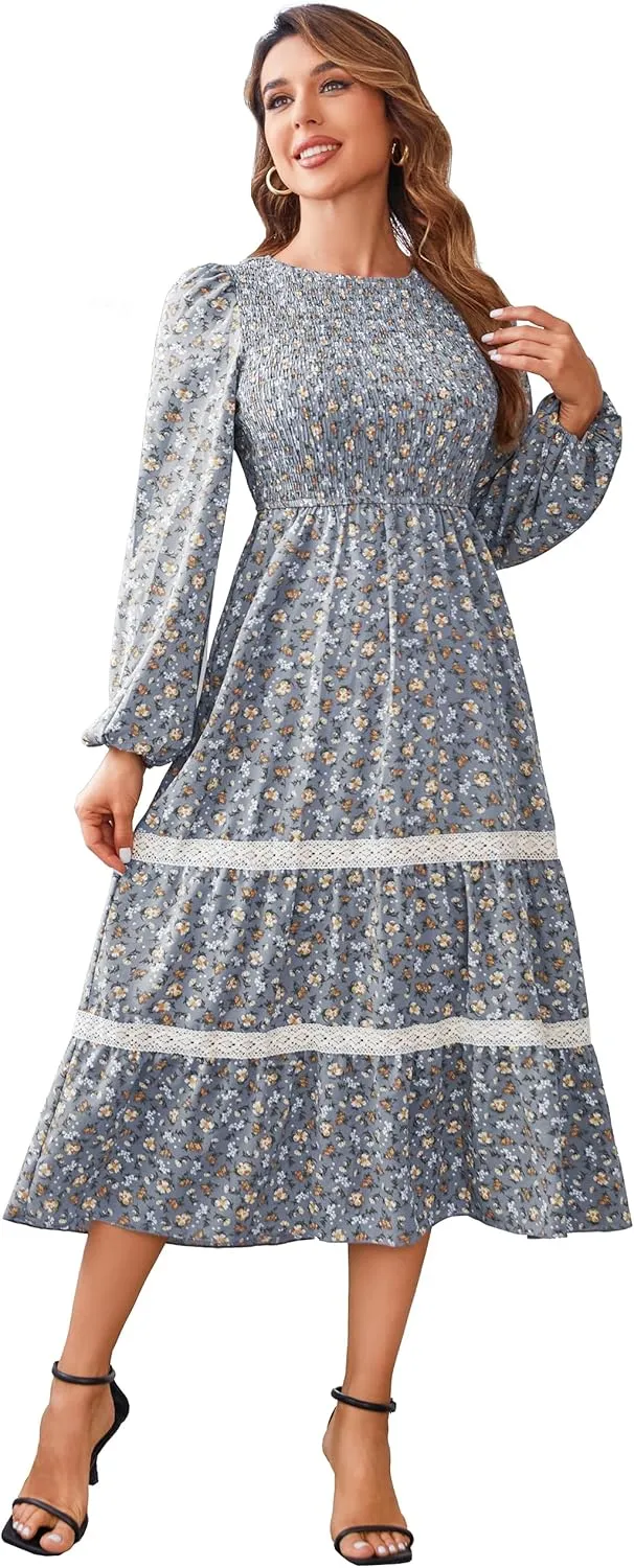 VintageClothing Women's Fall Midi Dress Long Sleeve Casual Crew Neck High Waist Smocked Long Dress with Pockets