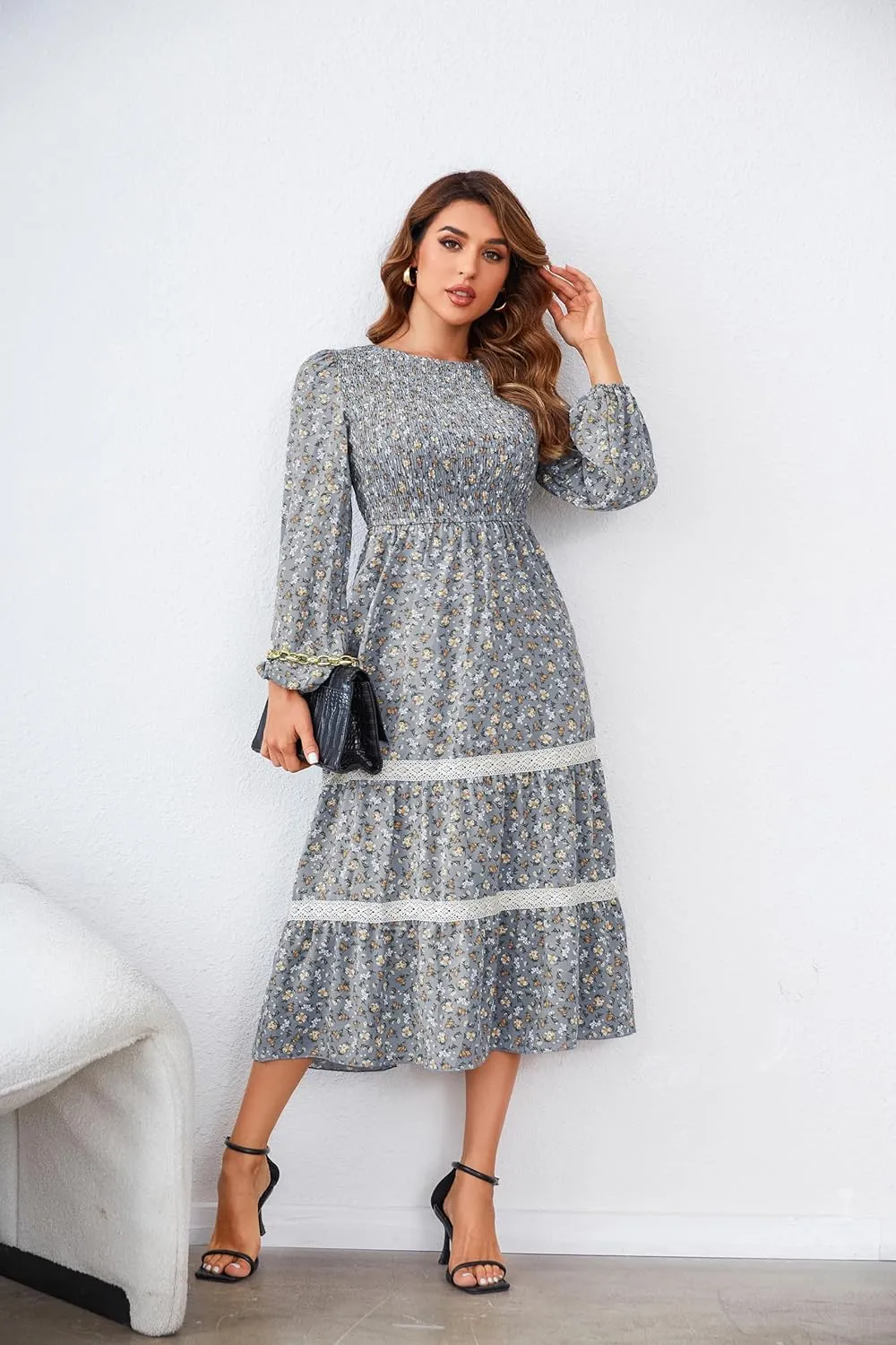 VintageClothing Women's Fall Midi Dress Long Sleeve Casual Crew Neck High Waist Smocked Long Dress with Pockets