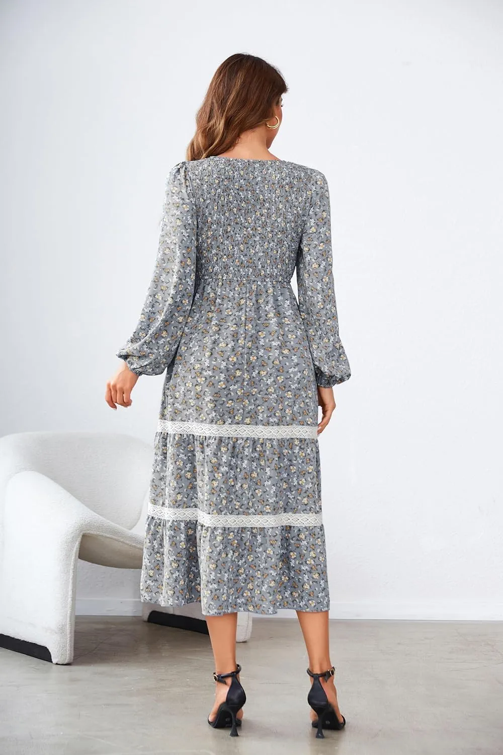 VintageClothing Women's Fall Midi Dress Long Sleeve Casual Crew Neck High Waist Smocked Long Dress with Pockets