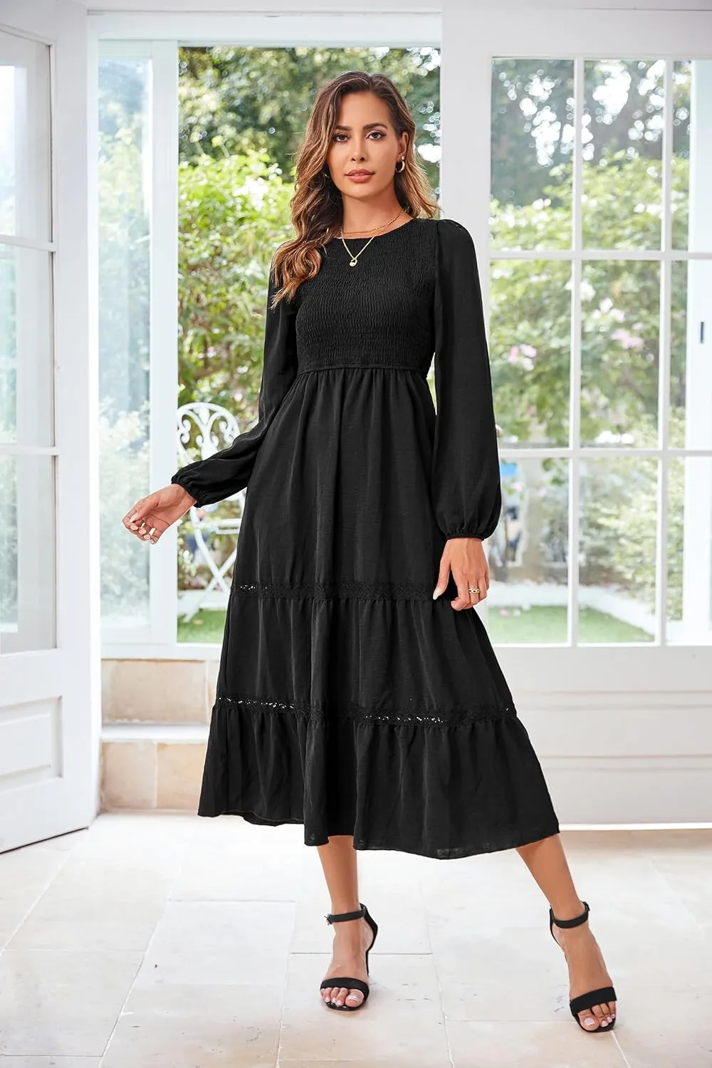 VintageClothing Women's Fall Midi Dress Long Sleeve Casual Crew Neck High Waist Smocked Long Dress with Pockets