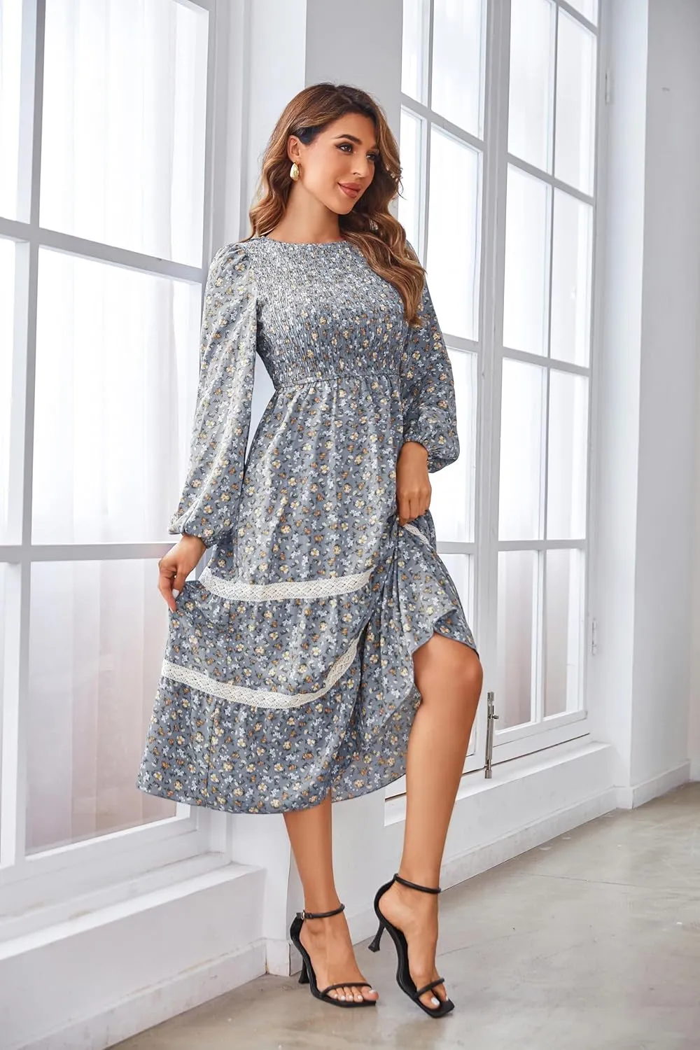 VintageClothing Women's Fall Midi Dress Long Sleeve Casual Crew Neck High Waist Smocked Long Dress with Pockets