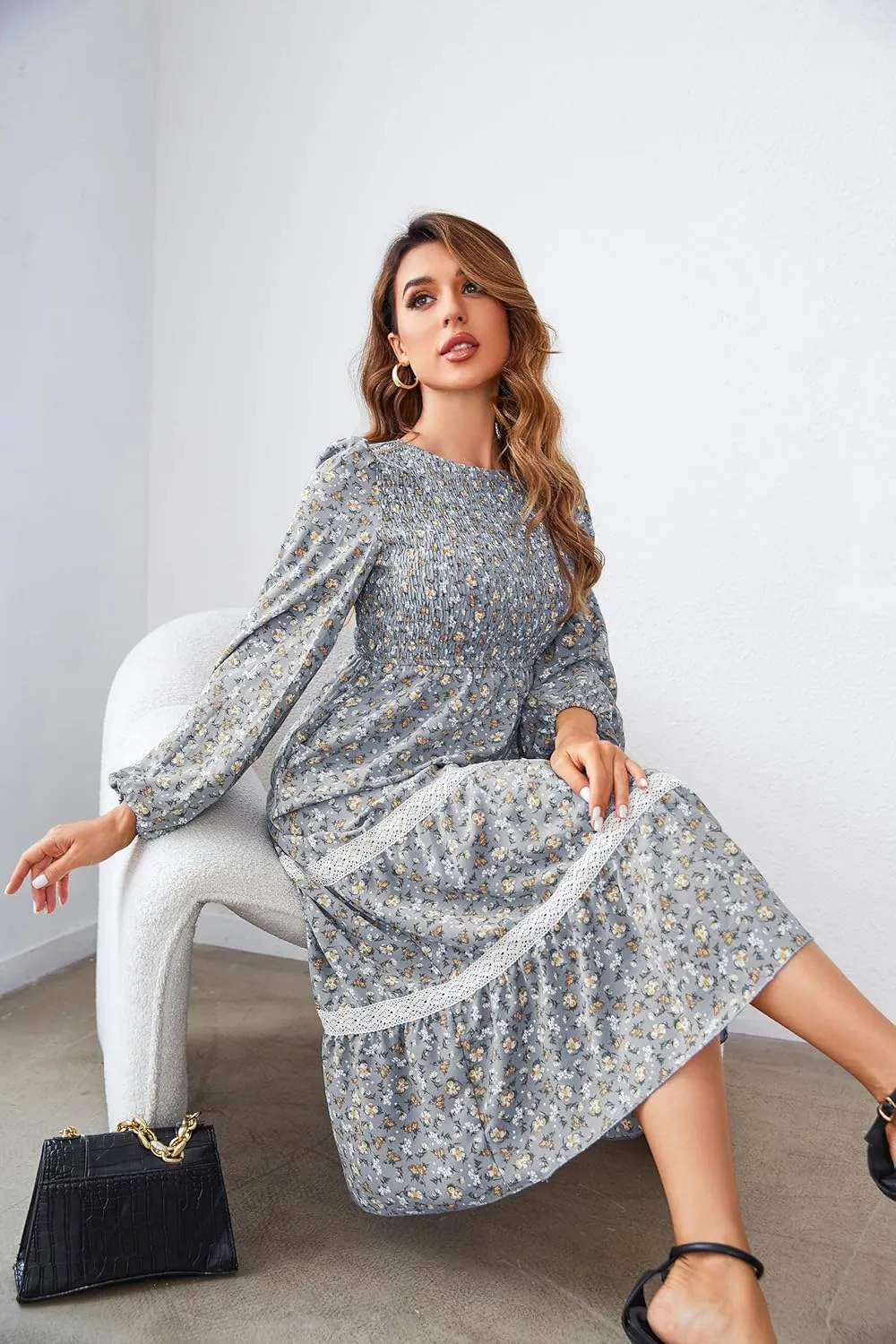 VintageClothing Women's Fall Midi Dress Long Sleeve Casual Crew Neck High Waist Smocked Long Dress with Pockets
