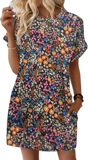 Wenrine Womens Summer Dress 2025 Floral T Shirt Dress Casual Cap Sleeve Crewneck Loose Boho Shift Mini Dresses