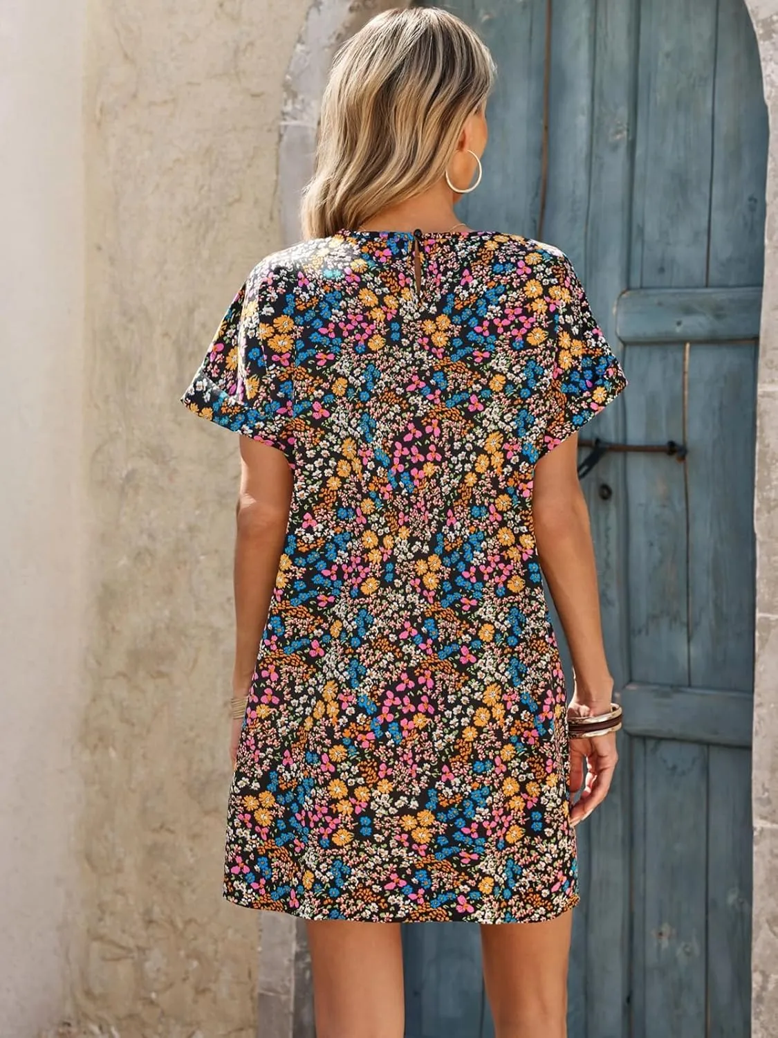 Wenrine Womens Summer Dress 2025 Floral T Shirt Dress Casual Cap Sleeve Crewneck Loose Boho Shift Mini Dresses