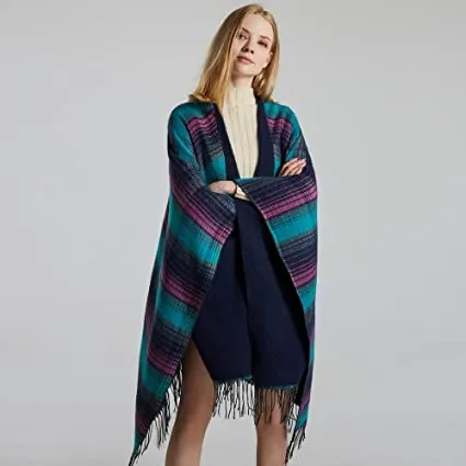 Winter Thick Oversized Poncho Wrap Plaid Stripped with Tassel for Women