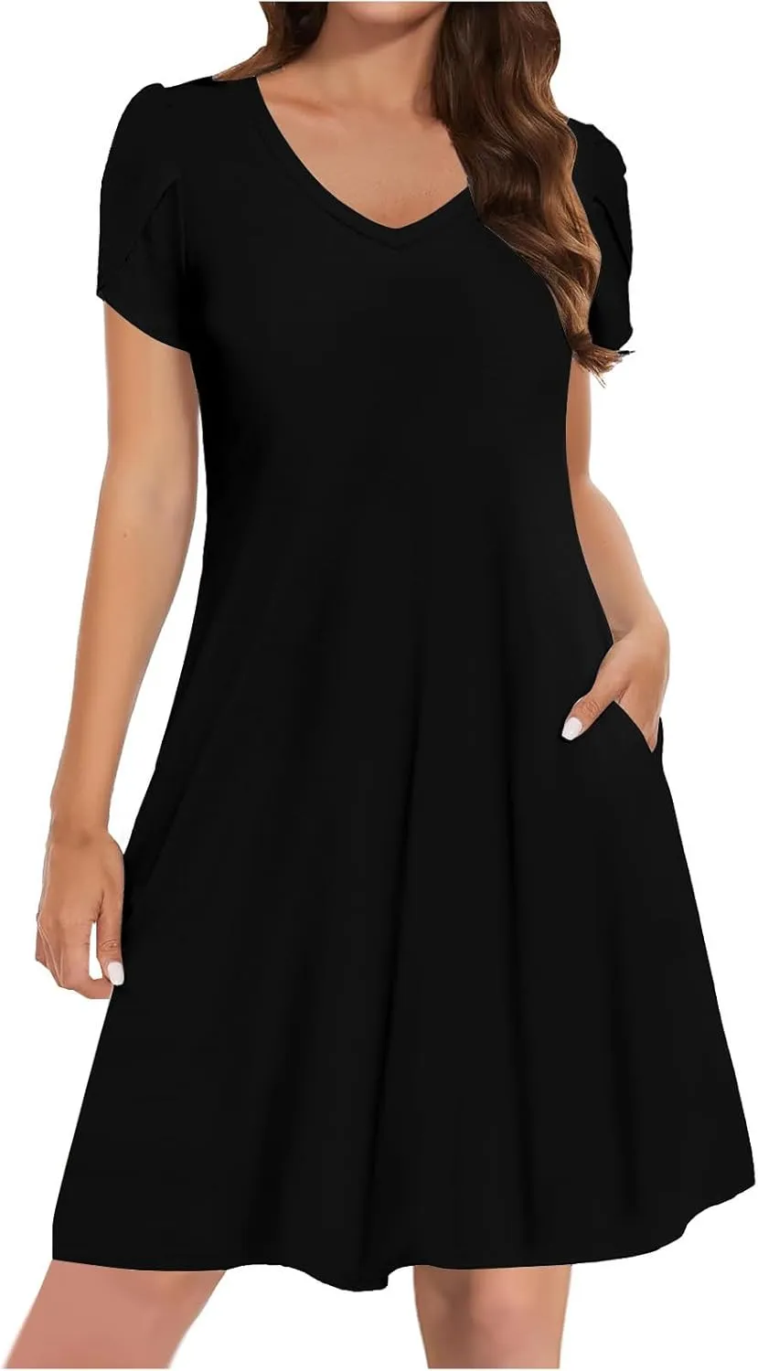 Wkishenl Womens Summer A-Line Dress with Pockets Floral Beach V Neck Dresses Ruffle Sleeve Swing Dress 2025 Hawaiian Vacation