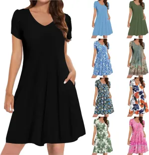 Wkishenl Womens Summer A-Line Dress with Pockets Floral Beach V Neck Dresses Ruffle Sleeve Swing Dress 2025 Hawaiian Vacation