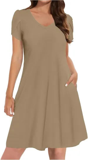 Wkishenl Womens Summer A-Line Dress with Pockets Floral Beach V Neck Dresses Ruffle Sleeve Swing Dress 2025 Hawaiian Vacation