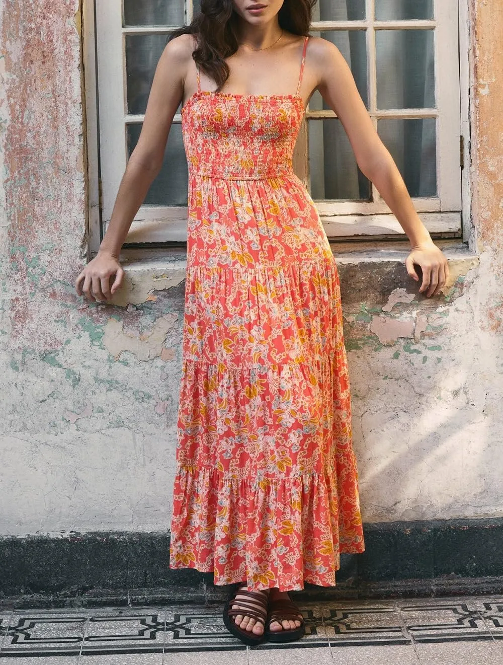 Women Boho Floral Long Cami Dress Spaghetti Strap Cut Out Maxi Dress Backless Tiered Flowy Summer Beach Dresse
