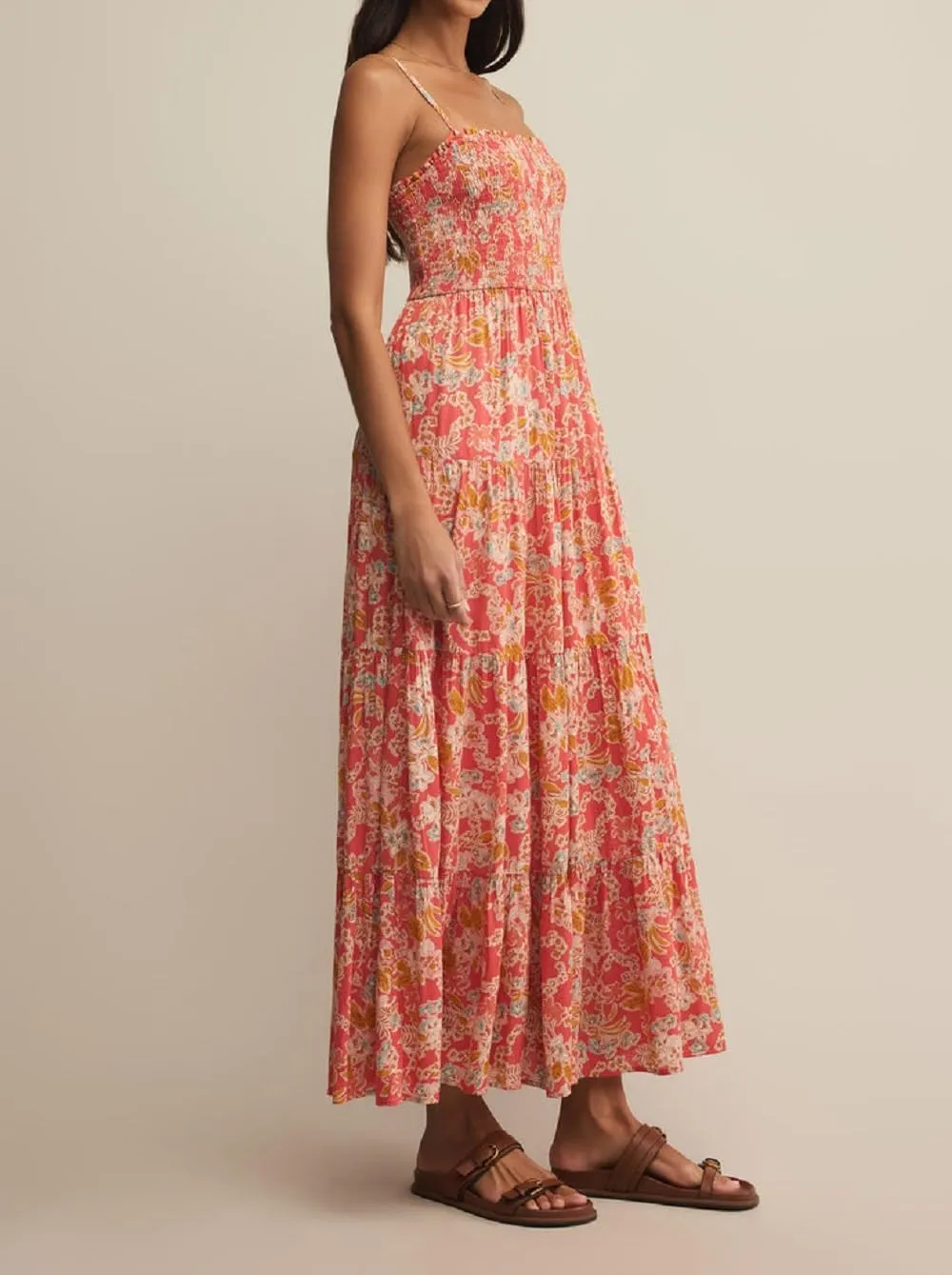 Women Boho Floral Long Cami Dress Spaghetti Strap Cut Out Maxi Dress Backless Tiered Flowy Summer Beach Dresse