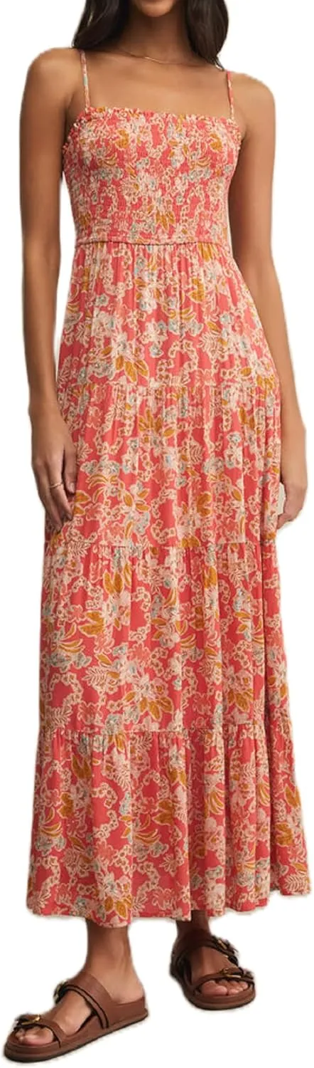 Women Boho Floral Long Cami Dress Spaghetti Strap Cut Out Maxi Dress Backless Tiered Flowy Summer Beach Dresse