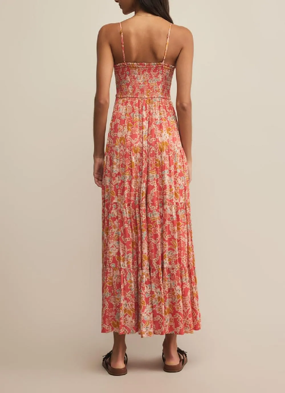 Women Boho Floral Long Cami Dress Spaghetti Strap Cut Out Maxi Dress Backless Tiered Flowy Summer Beach Dresse