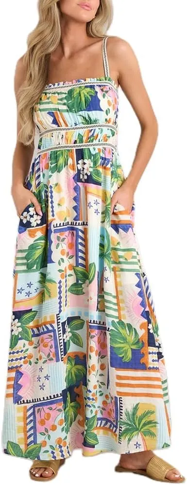 Women Boho Floral Maxi Dress Y2k Sleeveless Long Graffiti Spaghetti Strap A Line Dress Vacation Beach Sundress