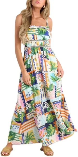Women Boho Floral Maxi Dress Y2k Sleeveless Long Graffiti Spaghetti Strap A Line Dress Vacation Beach Sundress