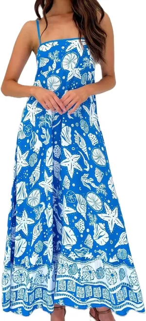 Women Boho Floral Maxi Dress Y2k Sleeveless Long Graffiti Spaghetti Strap A Line Dress Vacation Beach Sundress