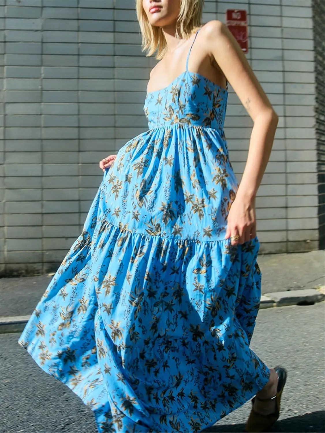 Women Boho Floral Maxi Dress Y2k Sleeveless Long Graffiti Spaghetti Strap A Line Dress Vacation Beach Sundress