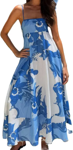 Women Boho Floral Maxi Dress Y2k Sleeveless Long Graffiti Spaghetti Strap A Line Dress Vacation Beach Sundress