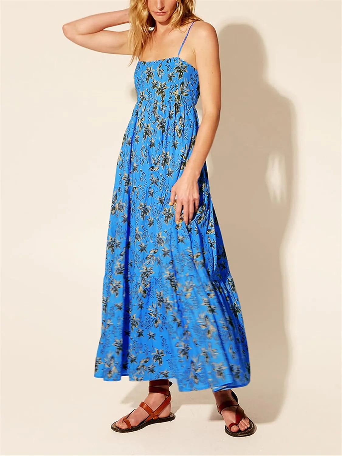 Women Boho Floral Maxi Dress Y2k Sleeveless Long Graffiti Spaghetti Strap A Line Dress Vacation Beach Sundress