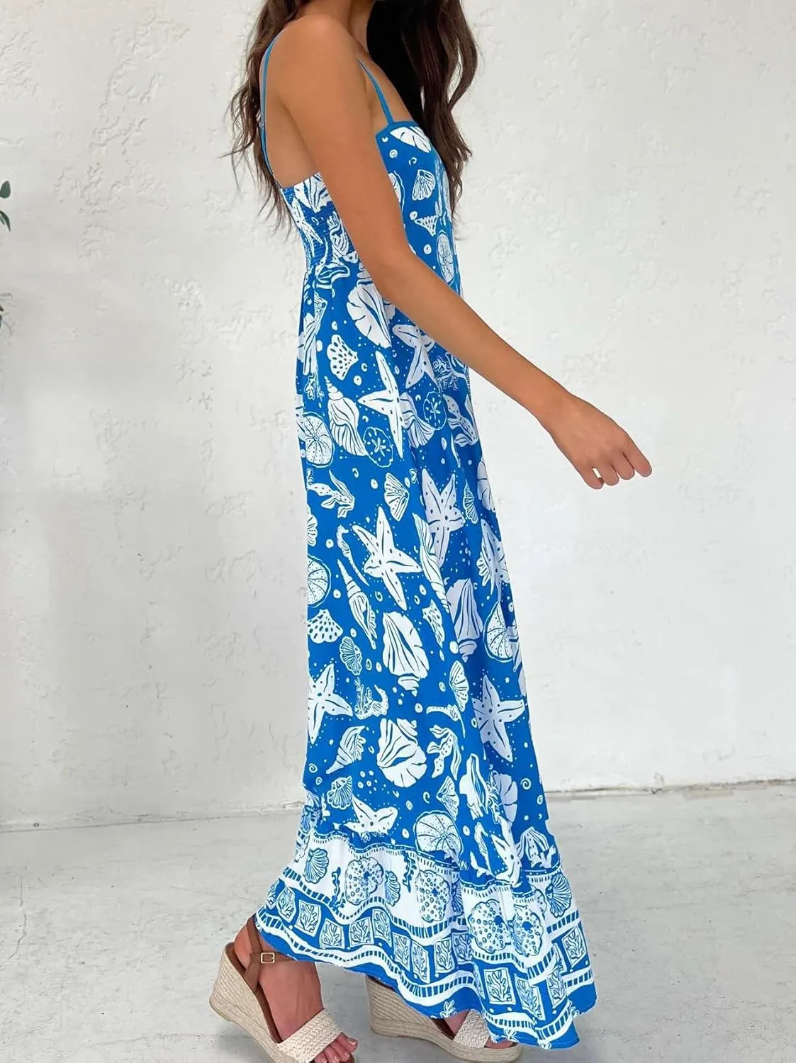 Women Boho Floral Maxi Dress Y2k Sleeveless Long Graffiti Spaghetti Strap A Line Dress Vacation Beach Sundress