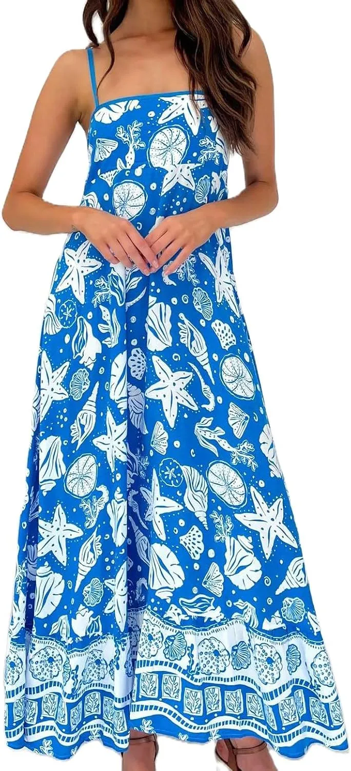 Women Boho Floral Maxi Dress Y2k Sleeveless Long Graffiti Spaghetti Strap A Line Dress Vacation Beach Sundress