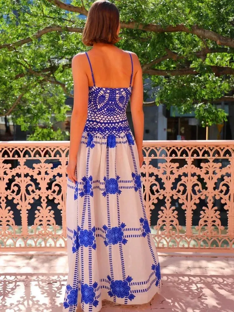 Women Boho Floral Maxi Dress Y2k Sleeveless Long Graffiti Spaghetti Strap A Line Dress Vacation Beach Sundress