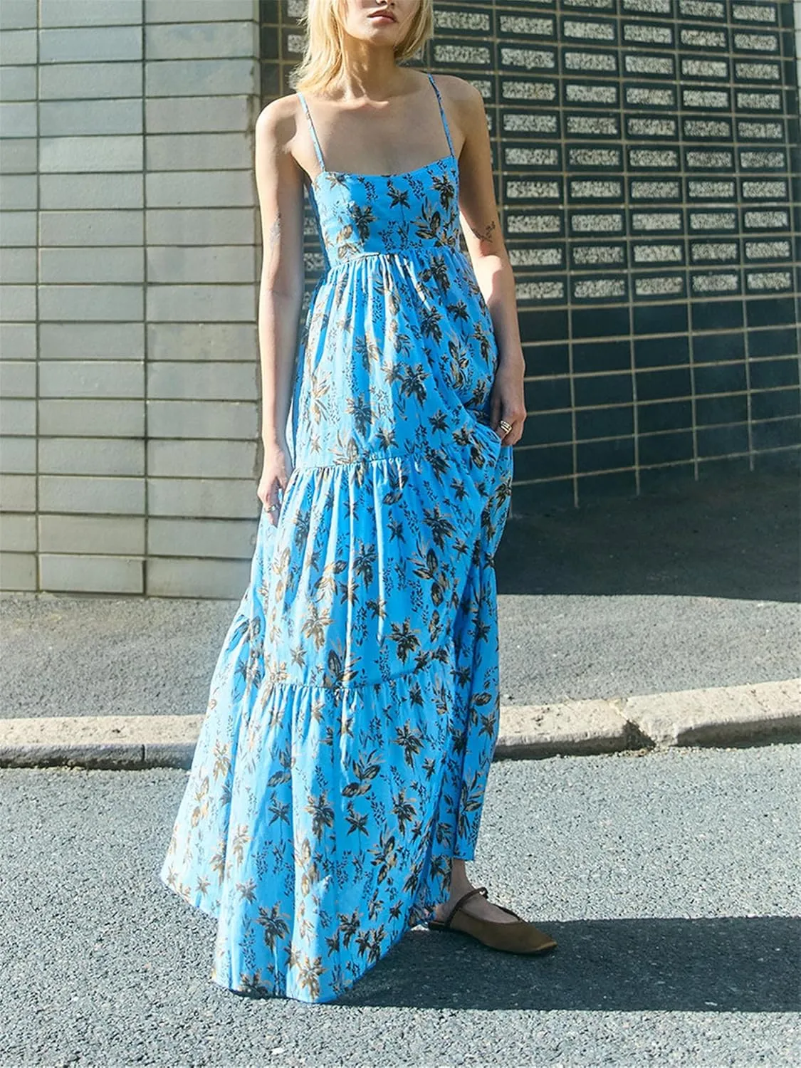 Women Boho Floral Maxi Dress Y2k Sleeveless Long Graffiti Spaghetti Strap A Line Dress Vacation Beach Sundress