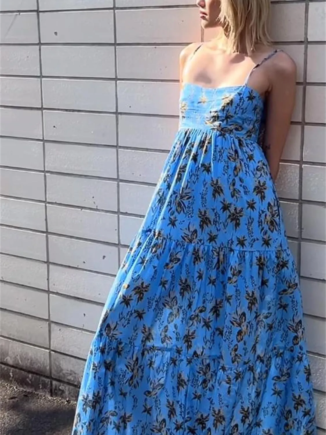 Women Boho Floral Maxi Dress Y2k Sleeveless Long Graffiti Spaghetti Strap A Line Dress Vacation Beach Sundress