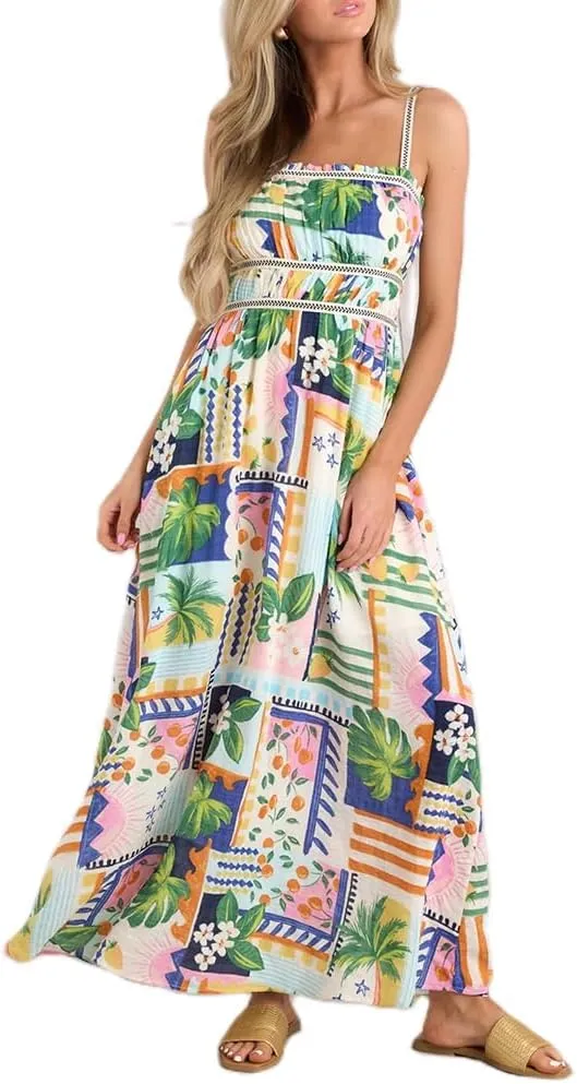 Women Boho Floral Maxi Dress Y2k Sleeveless Long Graffiti Spaghetti Strap A Line Dress Vacation Beach Sundress