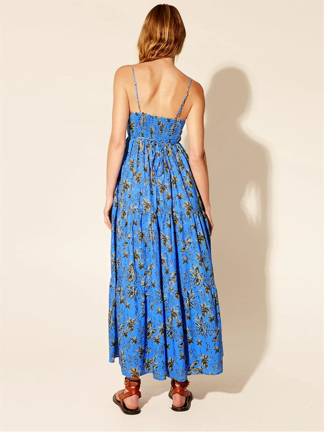 Women Boho Floral Maxi Dress Y2k Sleeveless Long Graffiti Spaghetti Strap A Line Dress Vacation Beach Sundress