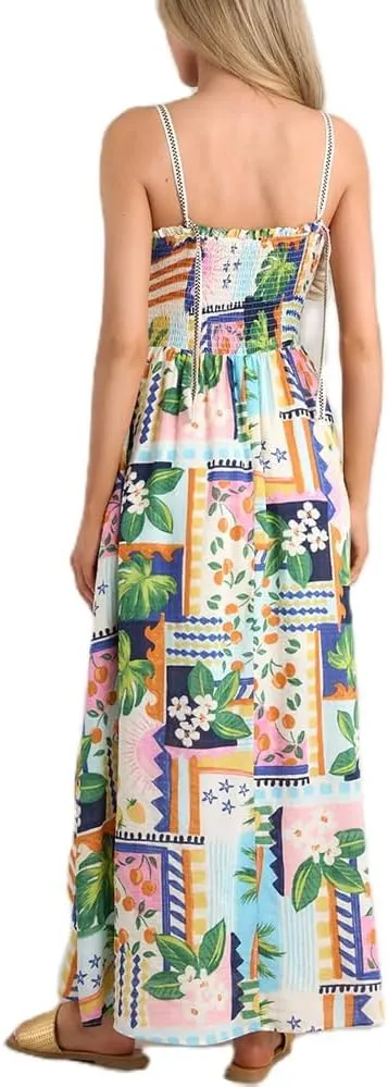 Women Boho Floral Maxi Dress Y2k Sleeveless Long Graffiti Spaghetti Strap A Line Dress Vacation Beach Sundress