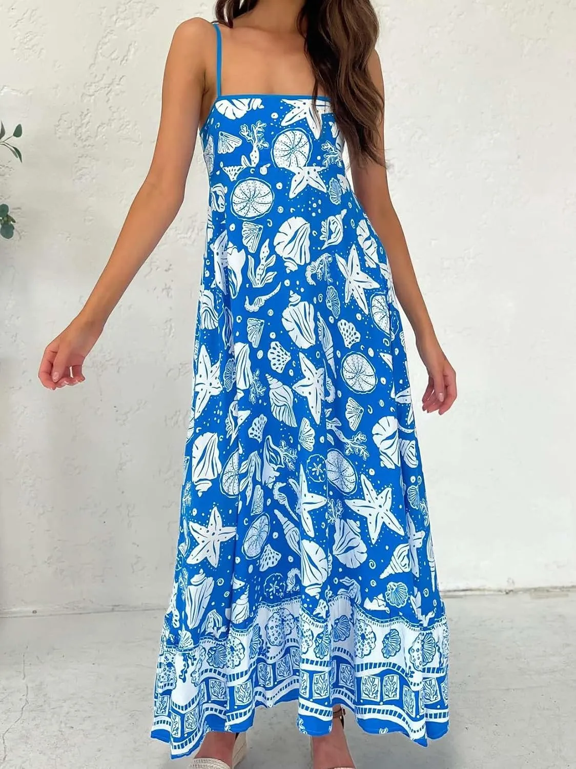 Women Boho Floral Maxi Dress Y2k Sleeveless Long Graffiti Spaghetti Strap A Line Dress Vacation Beach Sundress
