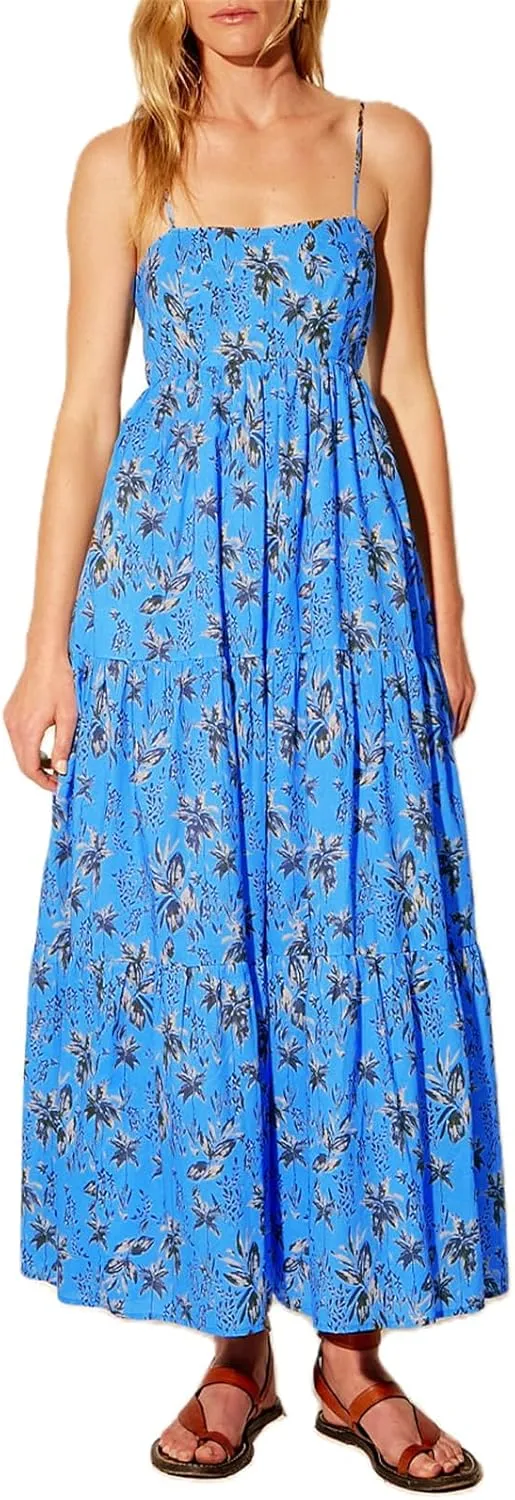 Women Boho Floral Maxi Dress Y2k Sleeveless Long Graffiti Spaghetti Strap A Line Dress Vacation Beach Sundress
