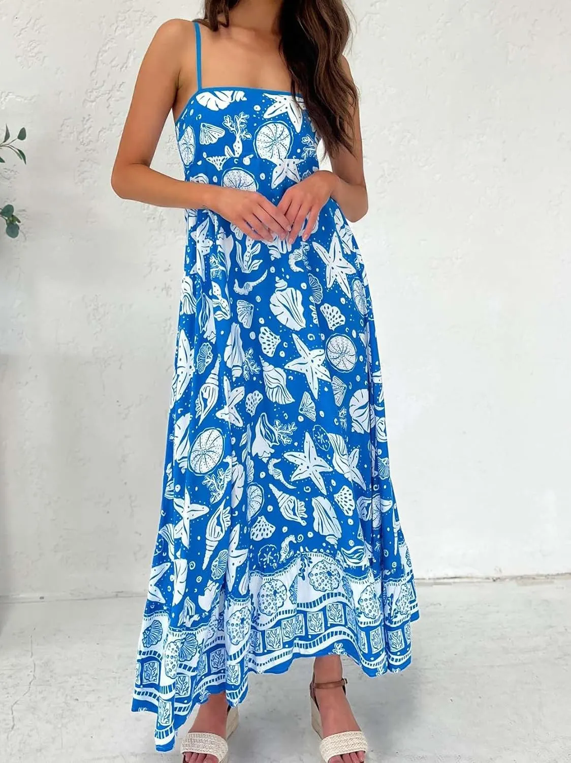 Women Boho Floral Maxi Dress Y2k Sleeveless Long Graffiti Spaghetti Strap A Line Dress Vacation Beach Sundress