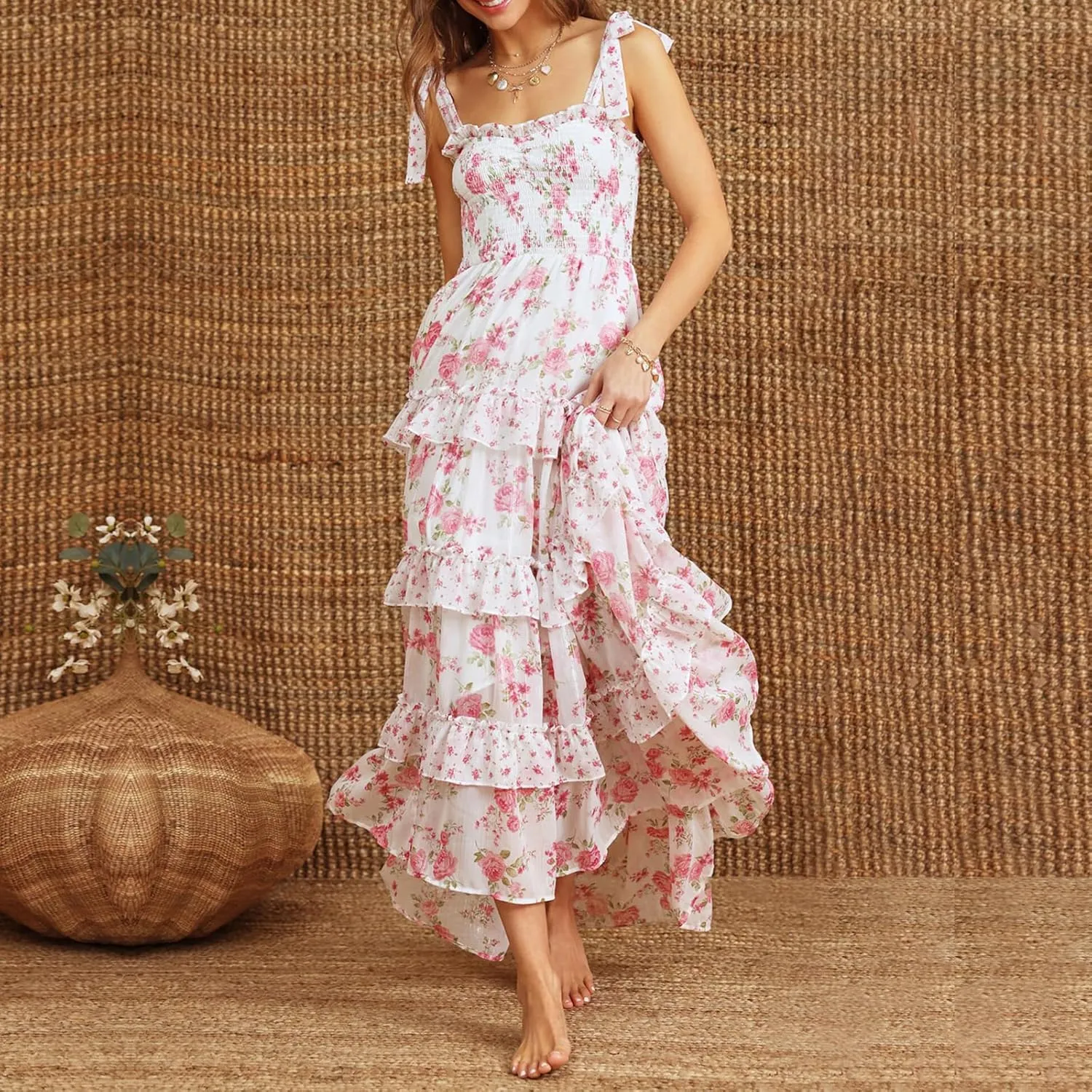 Women Boho Floral Smocked Maxi Dress Y2k Patchwork Lace Layered Long Beach Dress Casual Flowy Summer Sundress