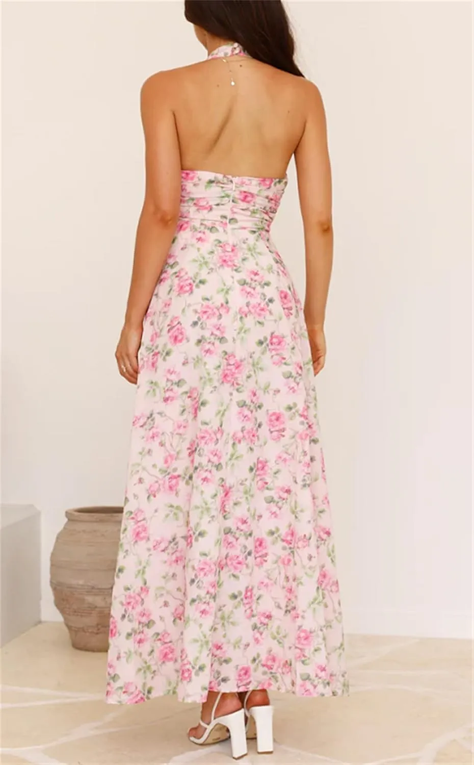 Women Boho Floral Smocked Maxi Dress Y2k Patchwork Lace Layered Long Beach Dress Casual Flowy Summer Sundress