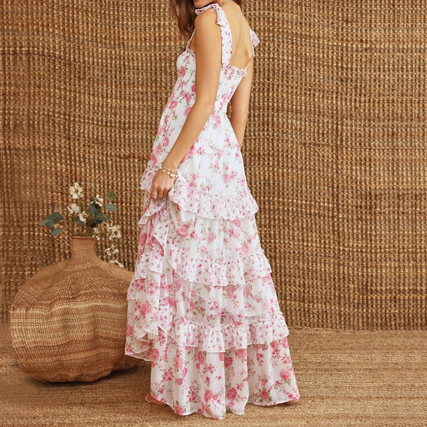 Women Boho Floral Smocked Maxi Dress Y2k Patchwork Lace Layered Long Beach Dress Casual Flowy Summer Sundress