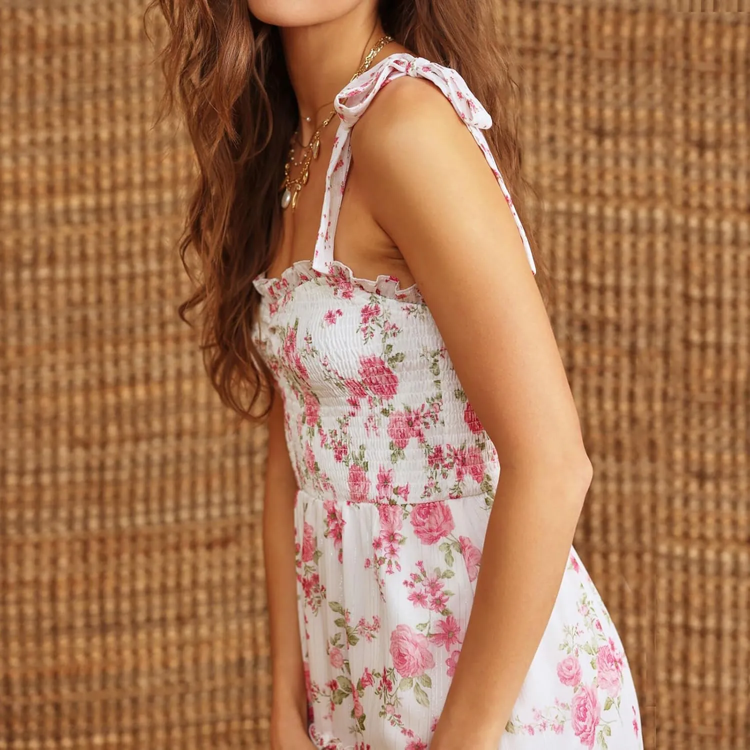 Women Boho Floral Smocked Maxi Dress Y2k Patchwork Lace Layered Long Beach Dress Casual Flowy Summer Sundress
